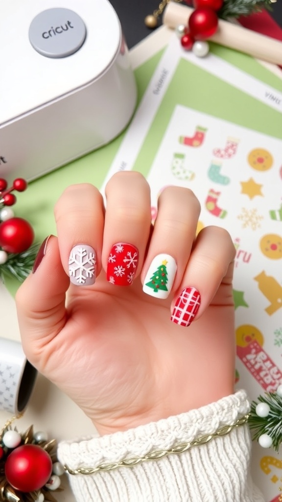Christmas Nail Art Vinyl Decals for Cricut Nails decorated with Christmas vinyl decals, including snowflakes and trees, with crafting materials in the background.